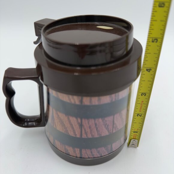 Vintage Thermo-Serv Insulated Striped Mug With Lid Brown Woodgrain Design 12 Oz - Picture 10 of 11